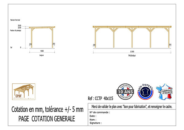 Carport toit plat 400cmx1150cm bois DOUGLAS français (charpente - auvent - abri camping-car). 46 m². Garantie 10 ans.