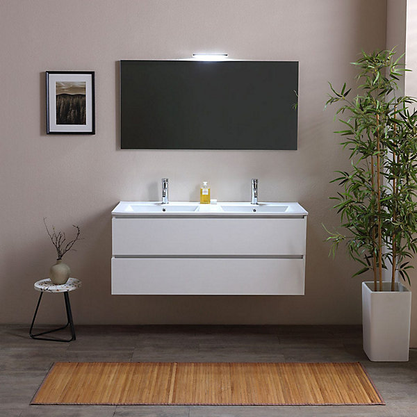 Armoire De Toilette 120 Cm Avec 2 Tiroirs Blanc Effet Bois Double Lavabo Led Light- Berlin