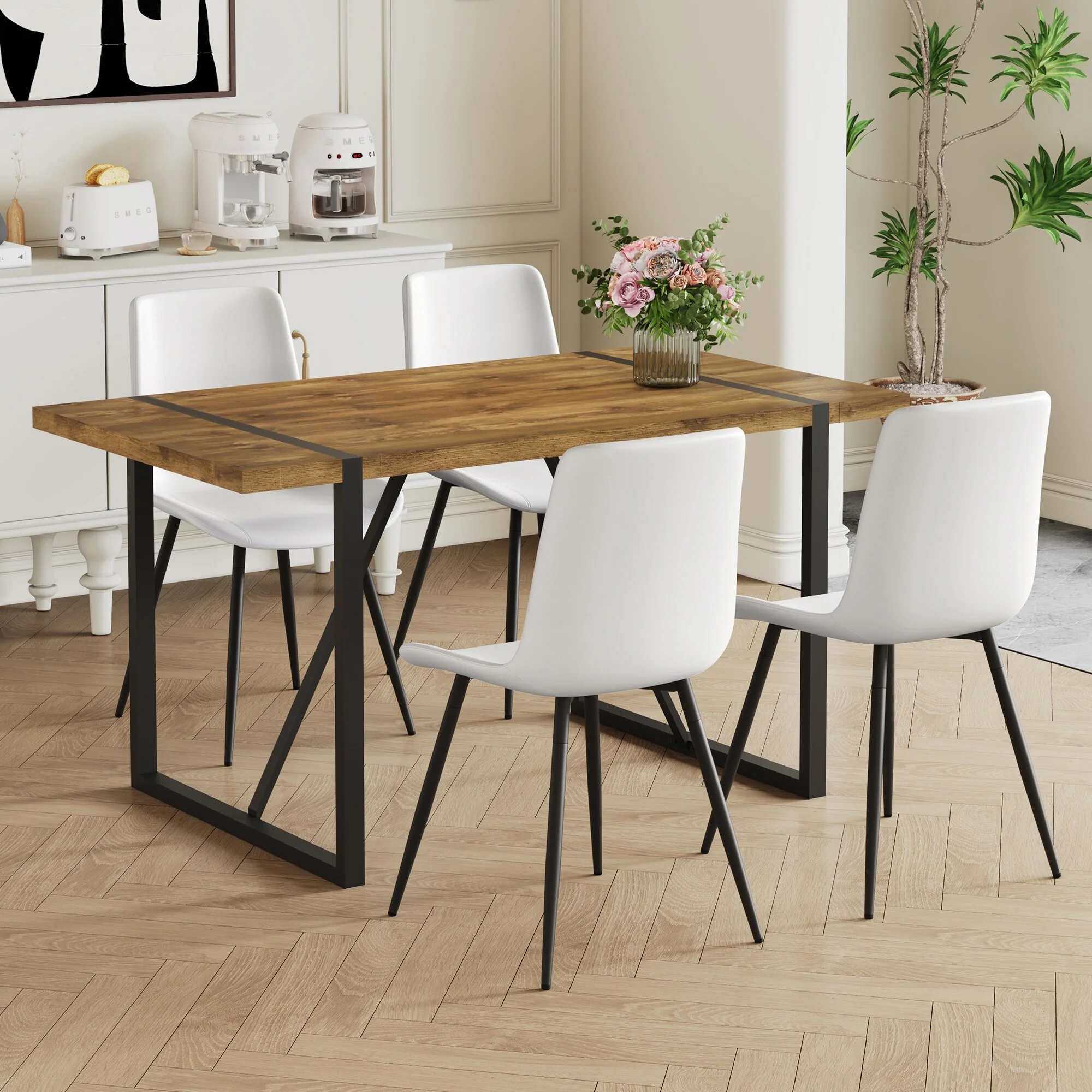 Table and chair set,with faux leather backrest cushion and metal legs