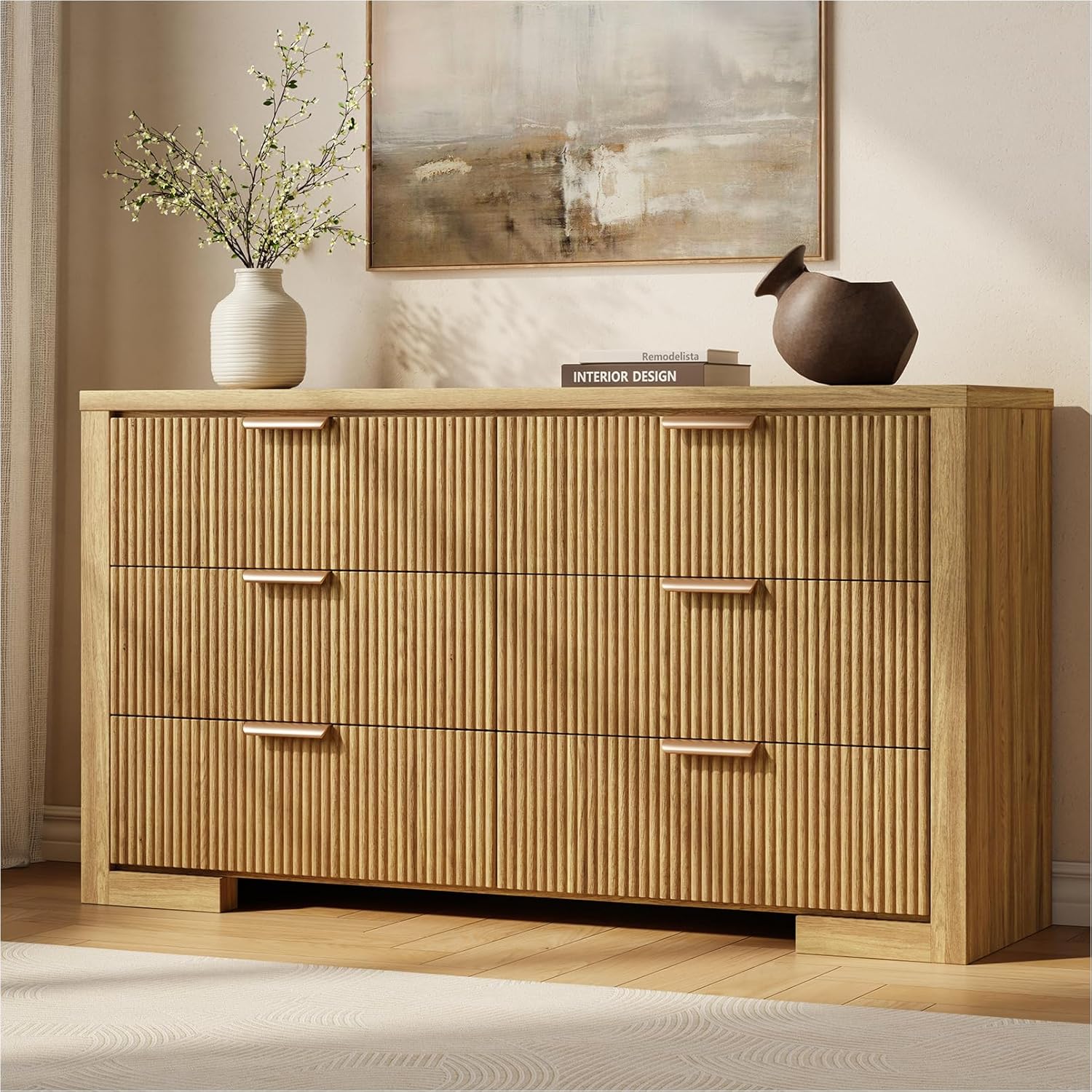 Fluted 6 Drawers Dresser for Bedroom, 54 Modern Chest of Drawers with Metal Handle, Wood Closet Clothes Storage Organizer for Living Room, Hallway, Entryway, Natural Oak