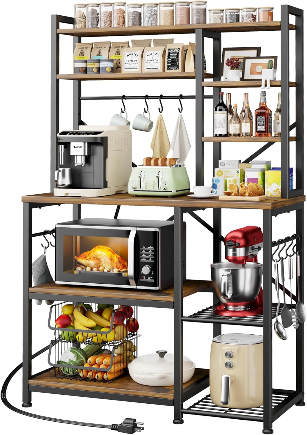 Kitsure Baker's Rack with Power Outlet - Storage Rack with Kitchen Shelves and 12 Hooks, Versatile Coffee Bar and Microwave Stand for Appliances, Pantry, Home Organization,Brown, 38.0 x 15.5 x 67.0