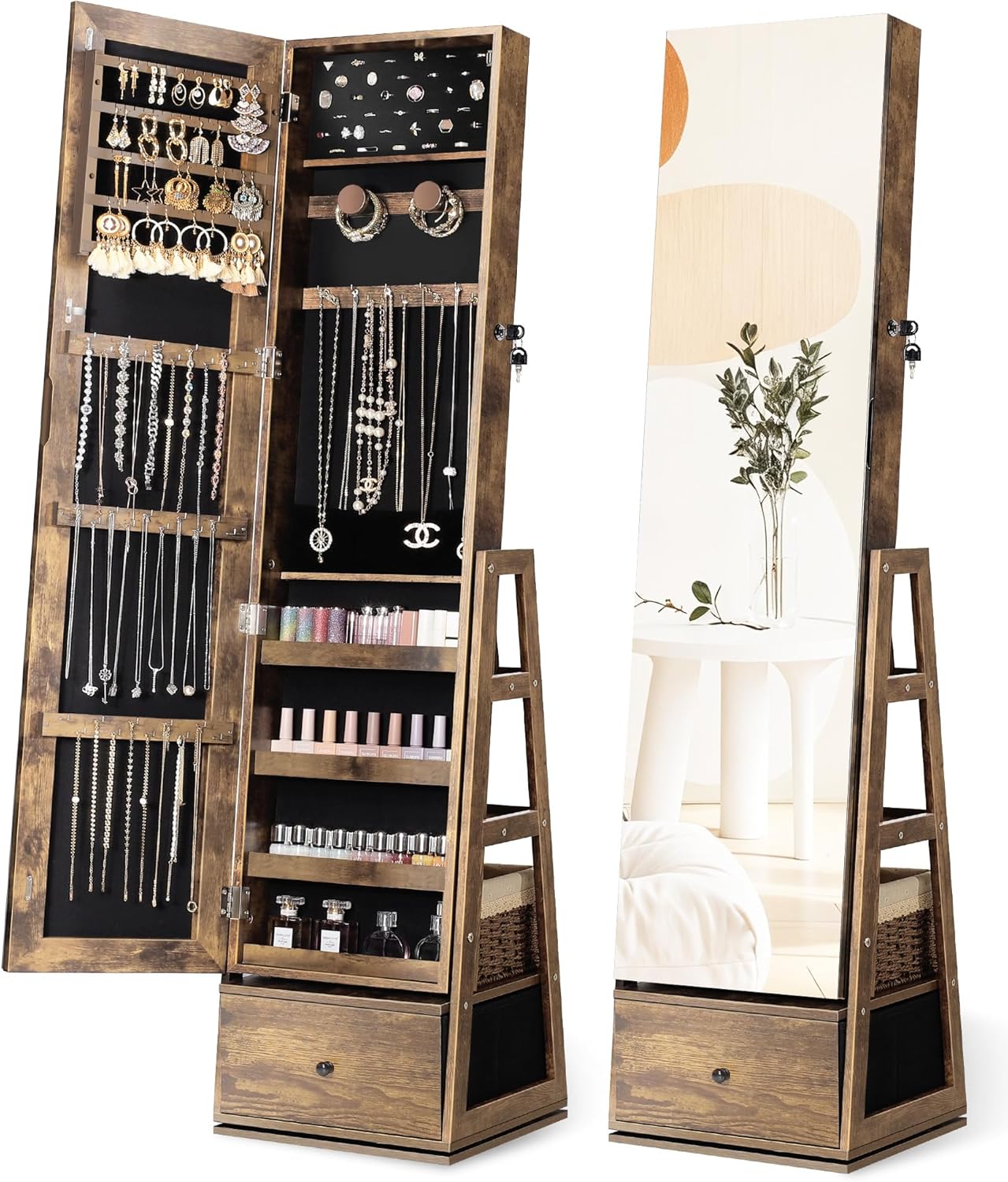 Nicetree 360°Swivel Jewelry Cabinet, Rotatable Full Length Mirror with Jewelry Storage, Standing Jewelry Armoire Organizer, Lockable Jewelry Organizer with 3 Rear Shelves, Bottom Drawer, Rustic Brown