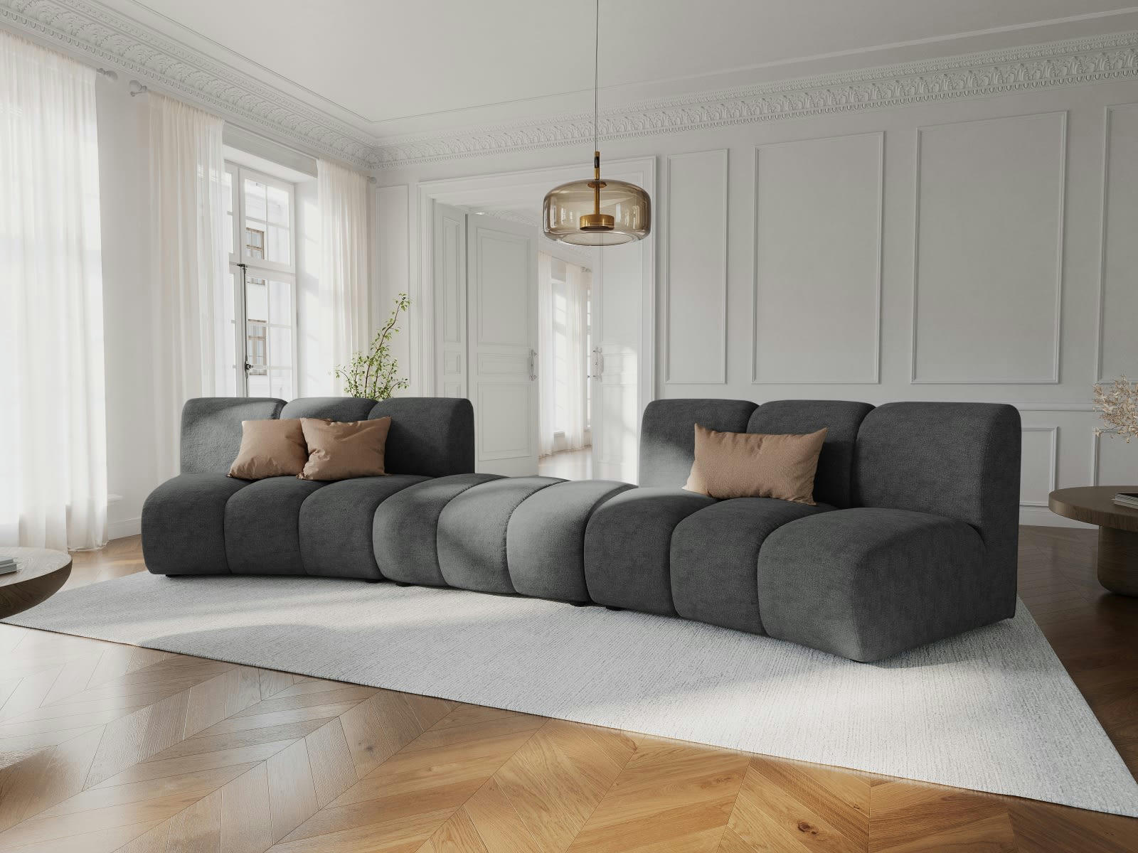 LUPINE - Canapé arrondi 5 places en tissu chenille gris