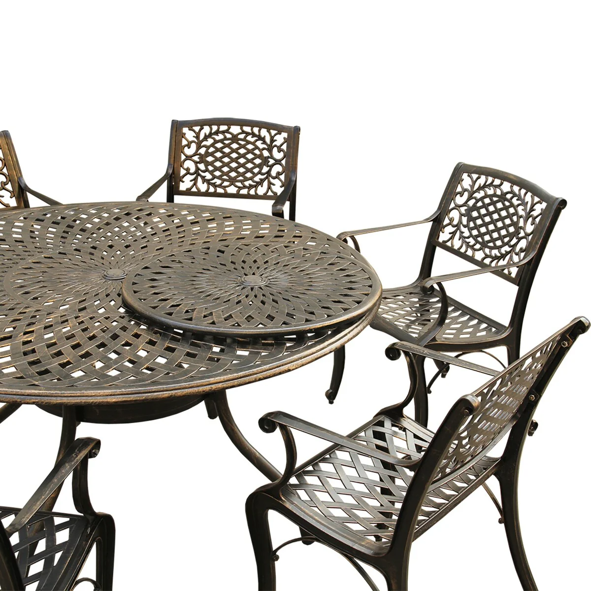Outdoor Lattice 59-in. Round Dining Set with Lazy Susan and Six Chairs