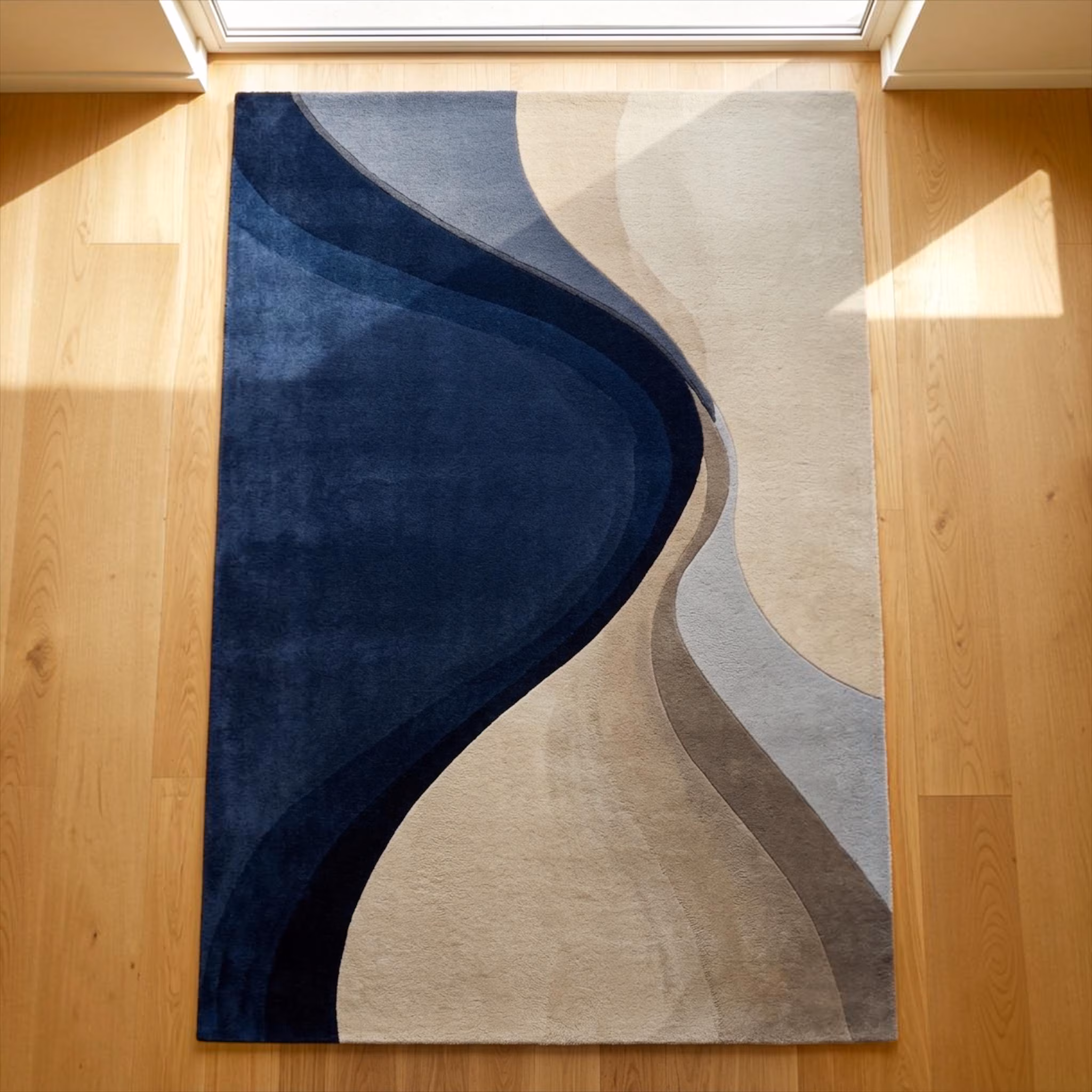Abstract Blue and Beige Area Rug, Modern Organic Wave Carpet, Luxury Living Room Decor, Contemporary Minimalist Floor Mat, Custom Size 12x15