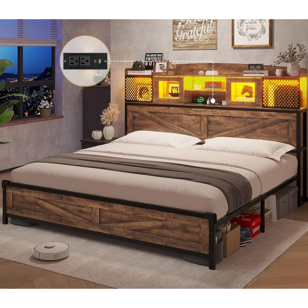 Farmhouse LED Bed Frame Storage Headboard Platform Bed