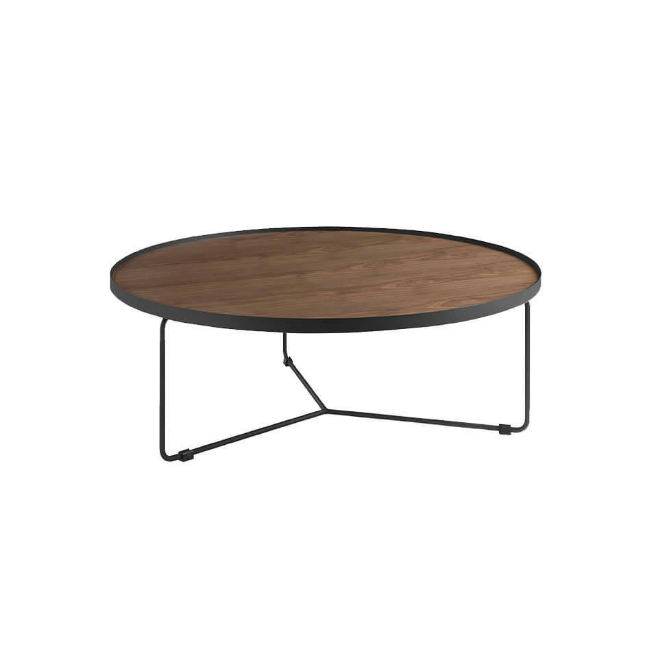 - Table basse ronde effet bois noyer et acier noir