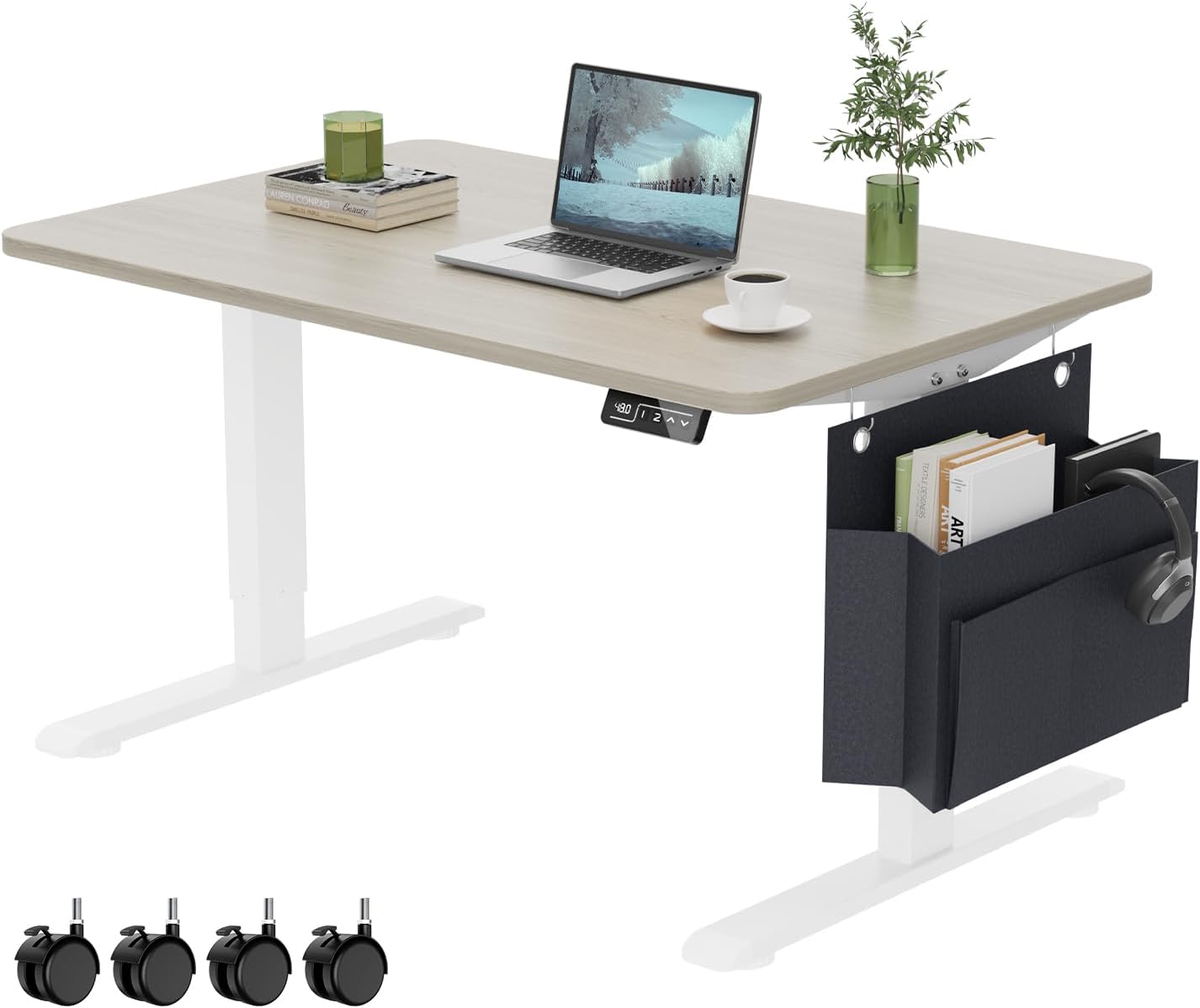 Coffee Table, Height Adjustable Electric Coffee Table with Storage Bag Lift Tabletop Dining Table Office Table with Lockable Wheels for Living Room (Grey Oak Look, 40 x 24 Inches)