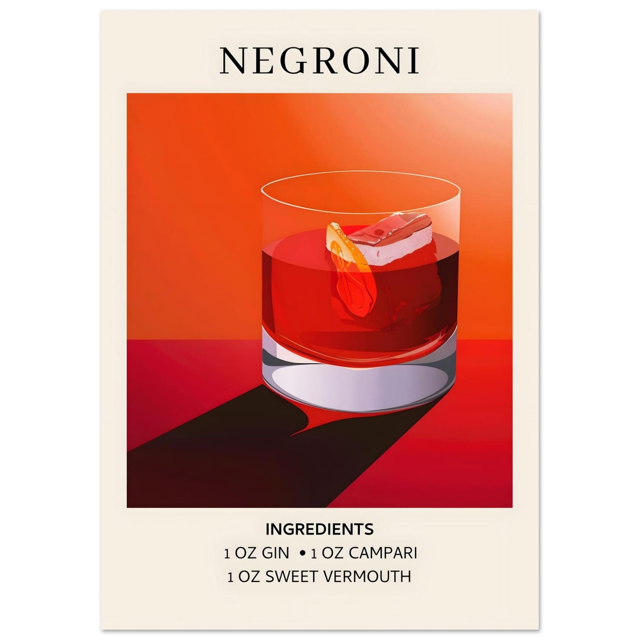 Artfulprints Poster Negroni cocktail - Ingrediënten  - A4 21x29.7 cm - Rood
