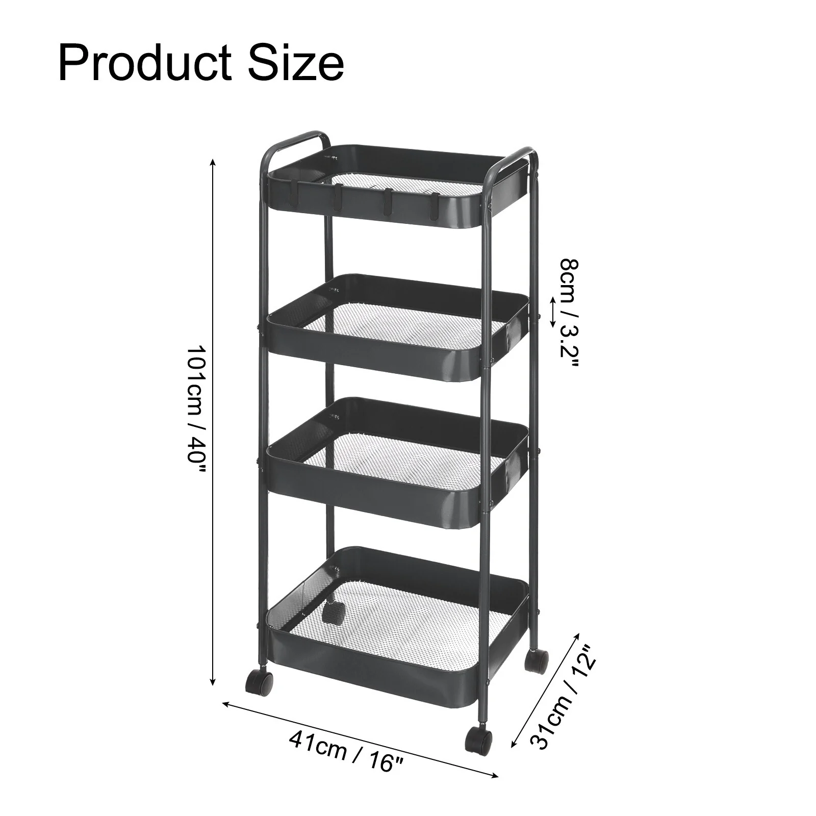 Slim Storage Cart, 4-Tier Narrow Utility Rolling Cart for Storage - Black