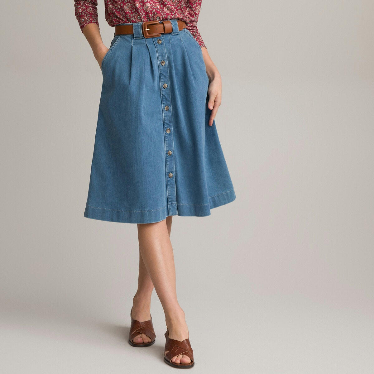 Jupe évasée, en denim, mi-longue