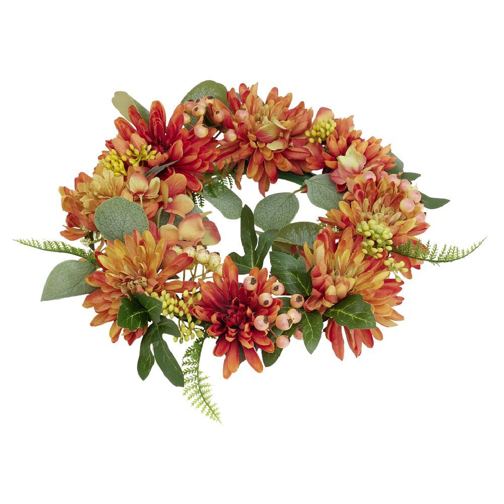 Couronne de fleurs artificielles dahlia et gypsophile orange Ø30cm