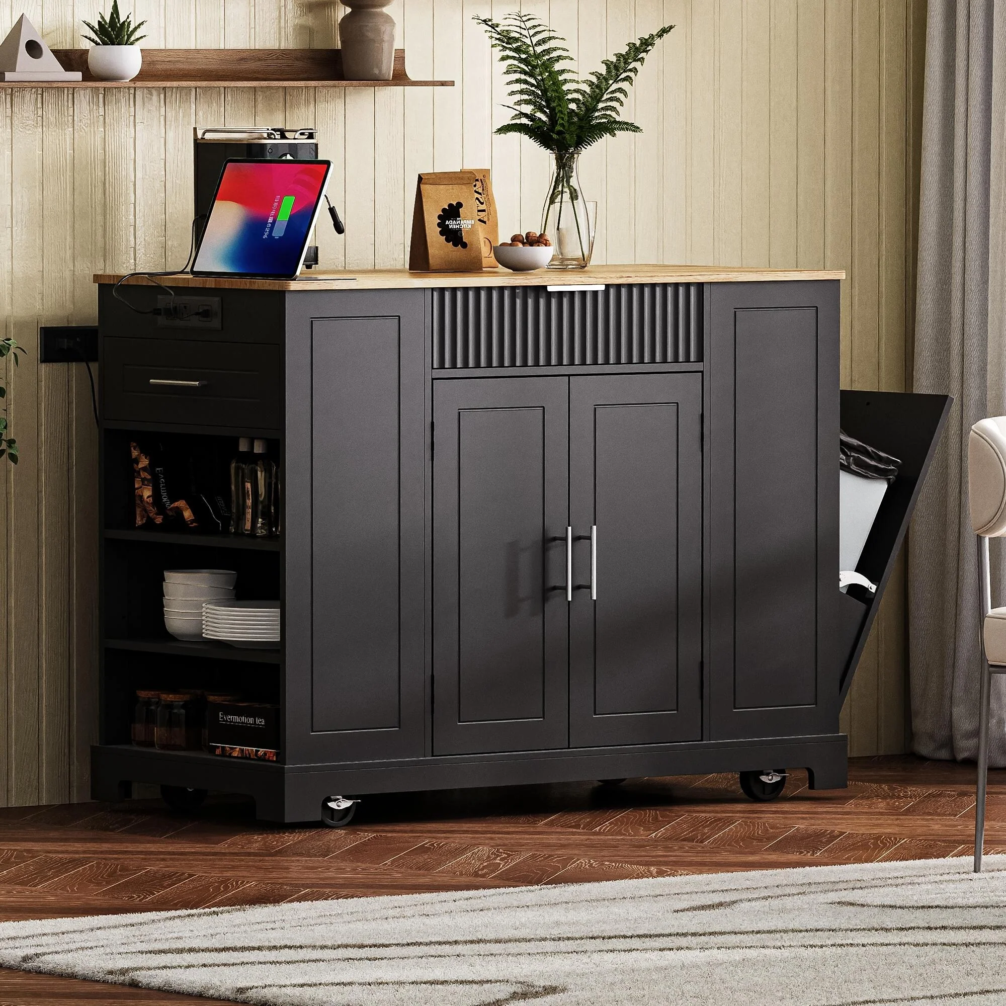 Fluted Kitchen Island with Trash Can Storage Cabinet, Power Outlet, Rolling Kitchen Islands on 5 Wheels with 3 Open Side Racks