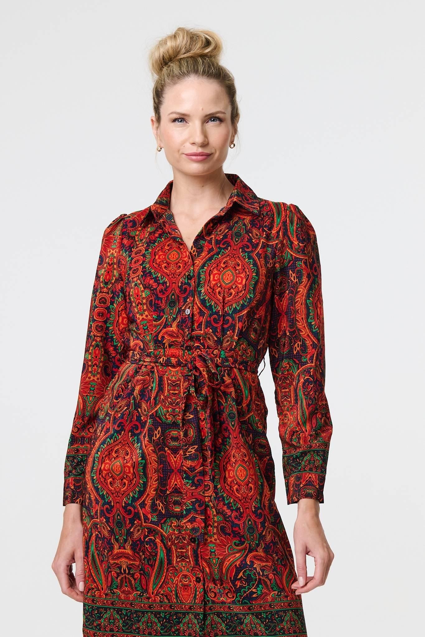 Izabel London Mosaic Print Long Sleeve Short Shirt Dress