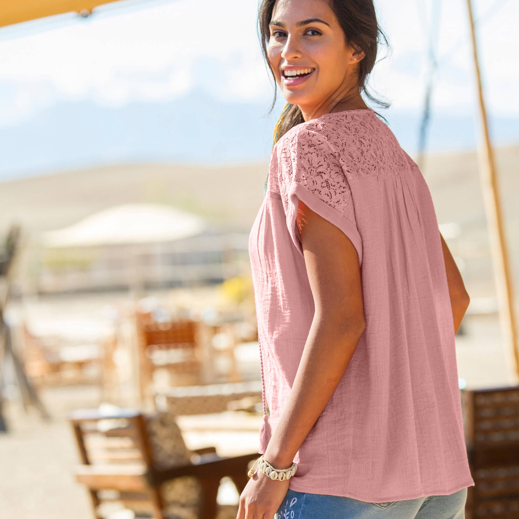 Blouse macramé, crépon coton