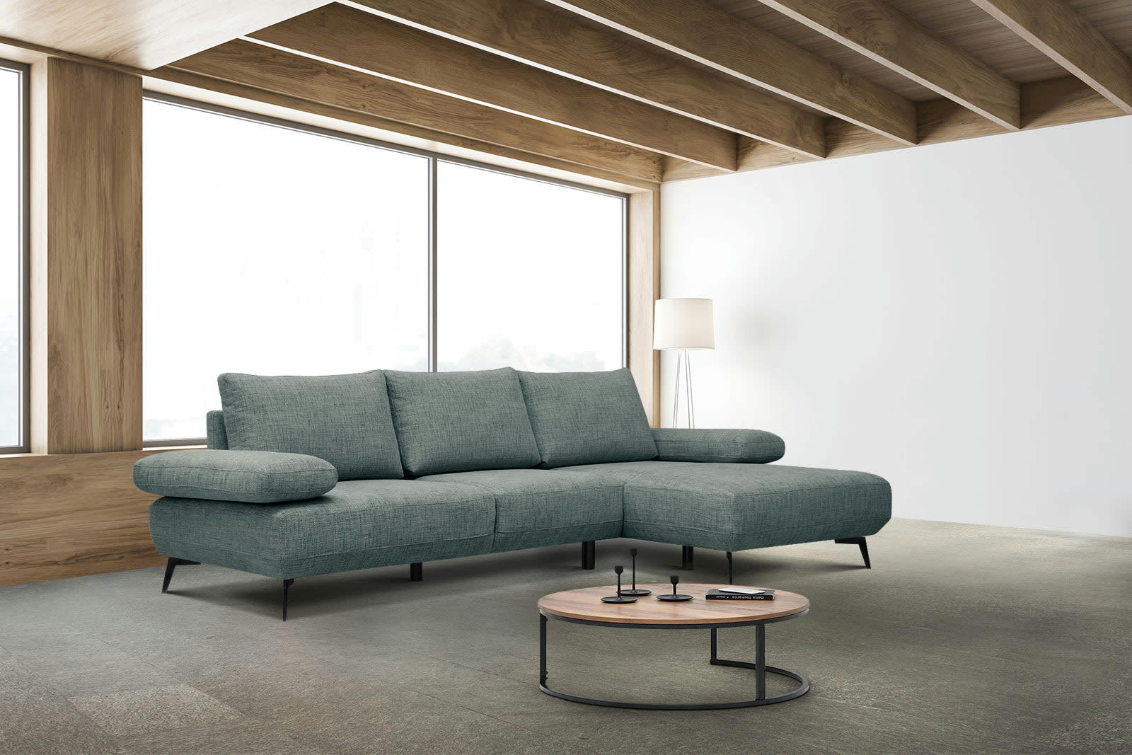 MELLO - Canapé d'angle droit 4 places tissu vert de flacon