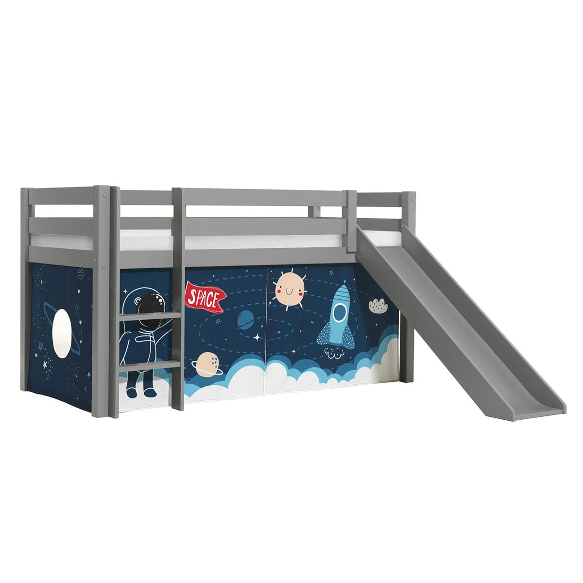 PINO - Lit mi-hauteur 90x200 toboggan sommier inclus housse space bleu