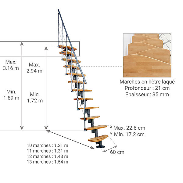 Escalier droit 12 marches - Hauteur à franchir 2.23 à 2.94m - Largeur 65cm - Structure grise et marche hêtre - NIZZA60/I/GH-12