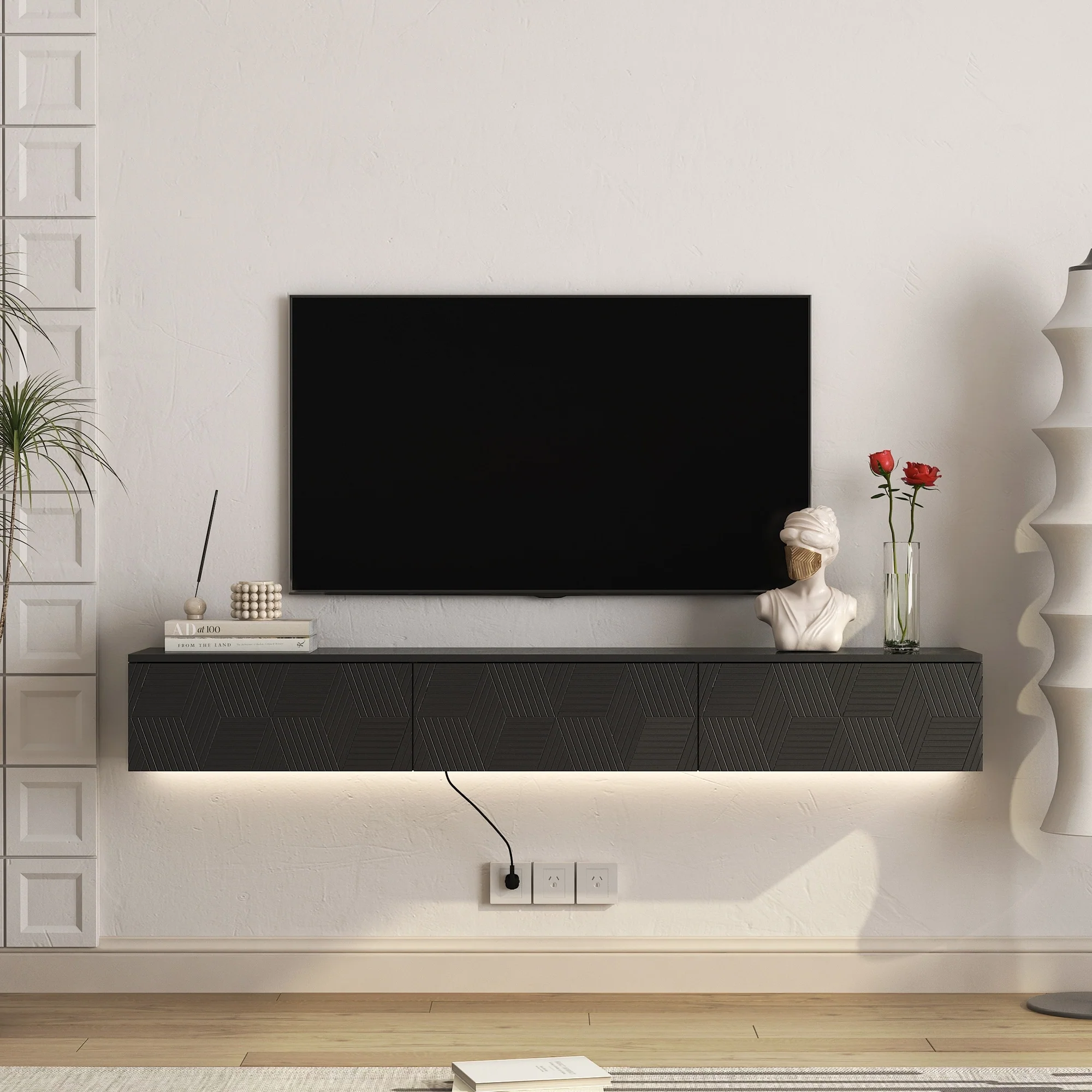 Modern Wall-Mounted Floating TV Stand with 16-Color LED Lights and Spacious Storage for 55/60/65-Inch TVs