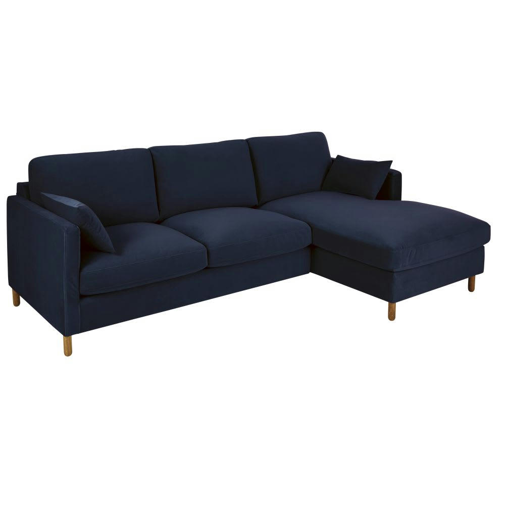 Julian - Canapé d'angle droit 5 places en velours bleu nuit