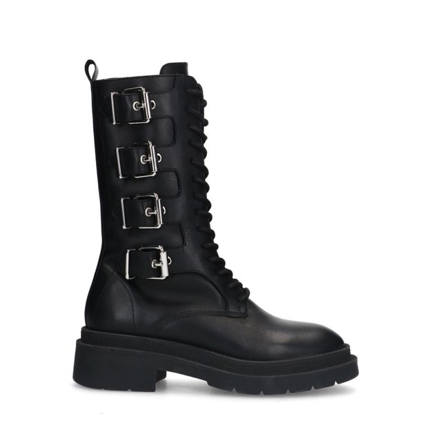 Zwart leren veterlaarzen met multi buckles
