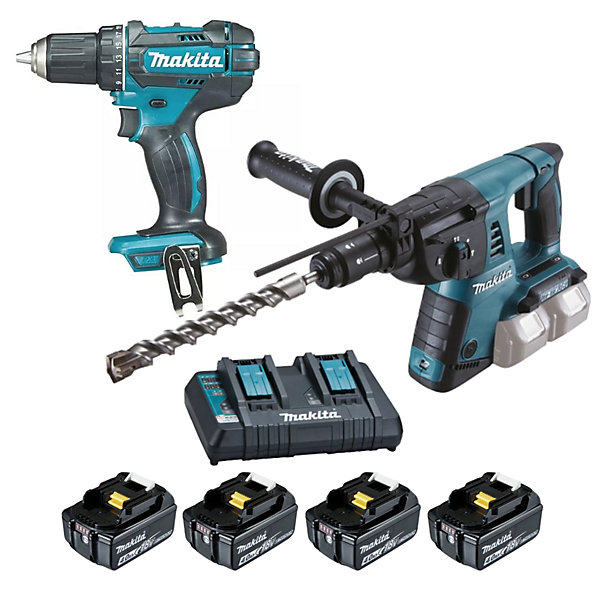 Lot MAKITA DDF482 Perceuse-visseuse   DHR264 Perforateur burineur SDS-Plus avec 4 batteries 18V 4.0Ah et chargeur double - LOT0234