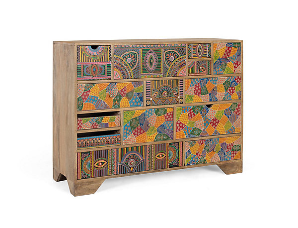 Commode en bois de manguier 14 tiroirs avec détails peints à la main