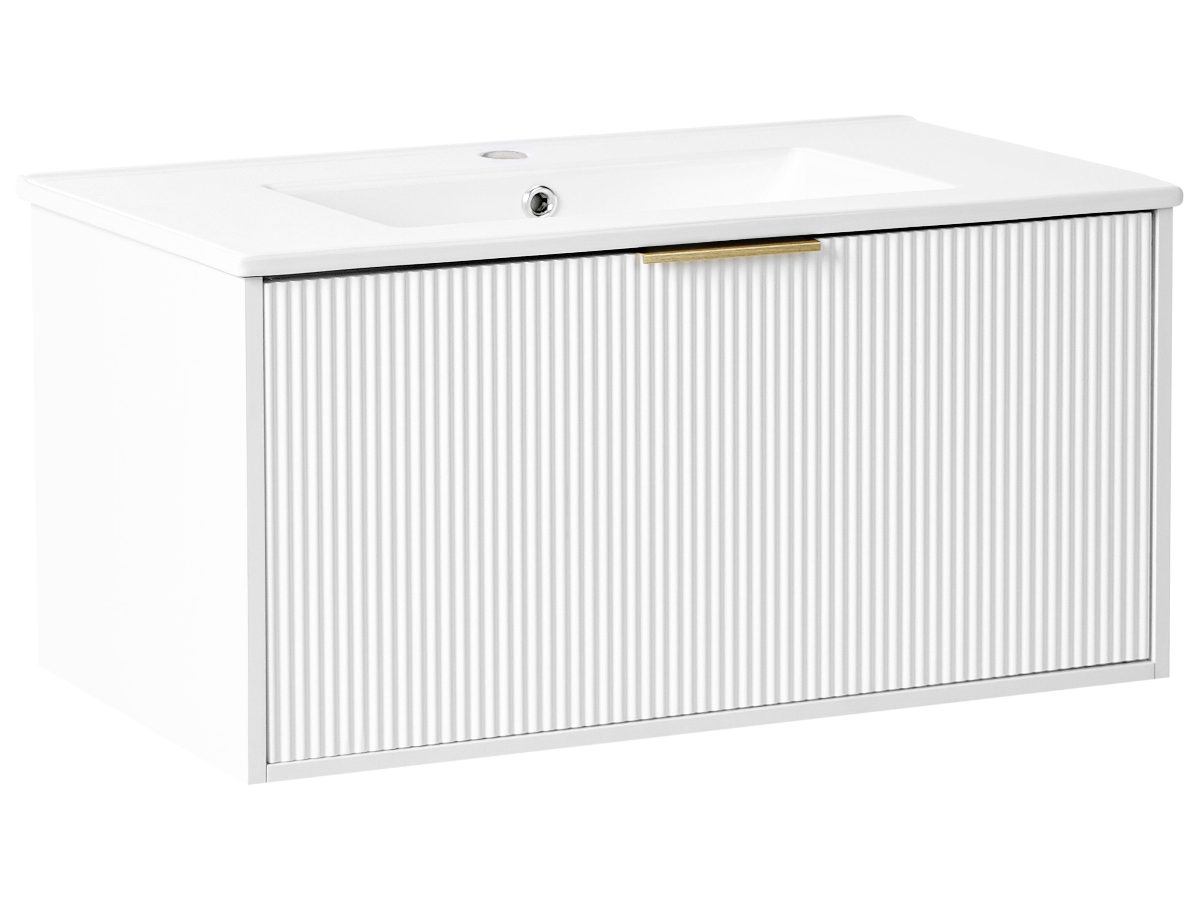 Wall Mounted Vanity Unit with Basin with Gold Handle TILCARA White