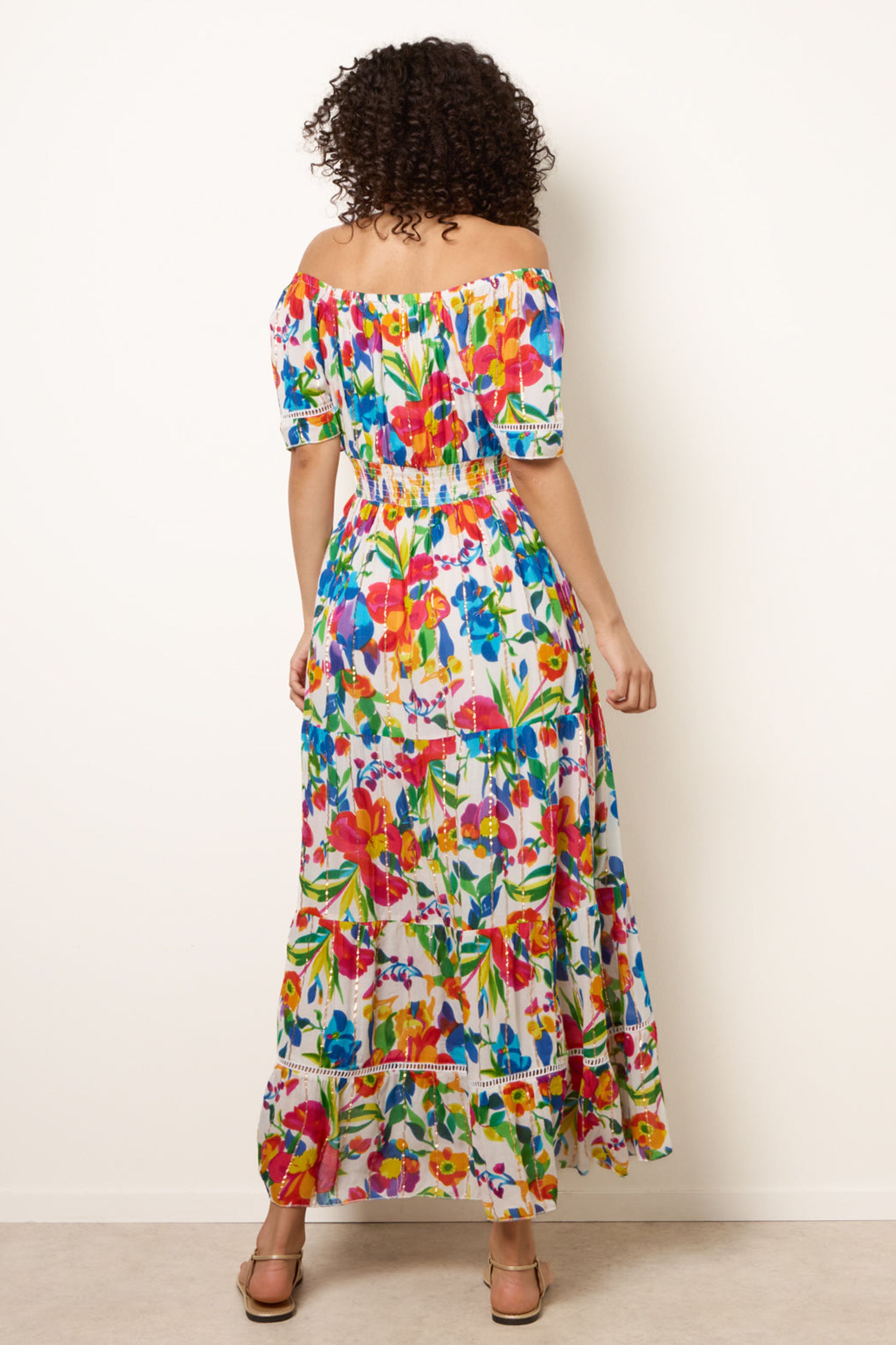 Blue Vanilla Multi Bardot Tassel Tie Tiered Maxi Dress