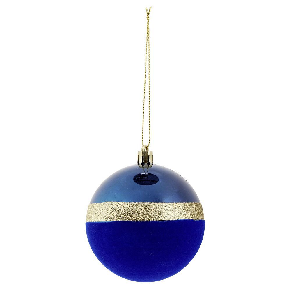 Boule de No&euml;l liseré doré bimatière velours et brillant bleu Ø8cm
