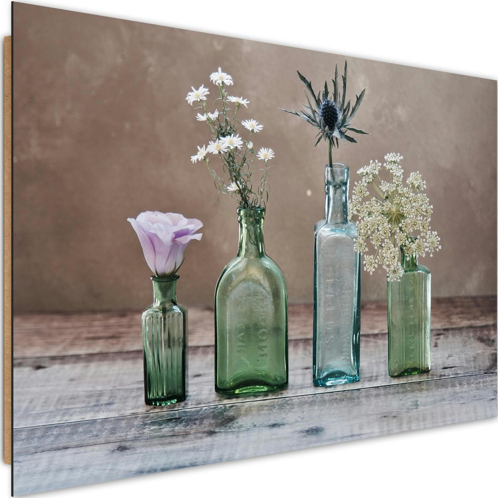 - Tableau fleurs de bois dans des vases en verre 120 x 80 cm