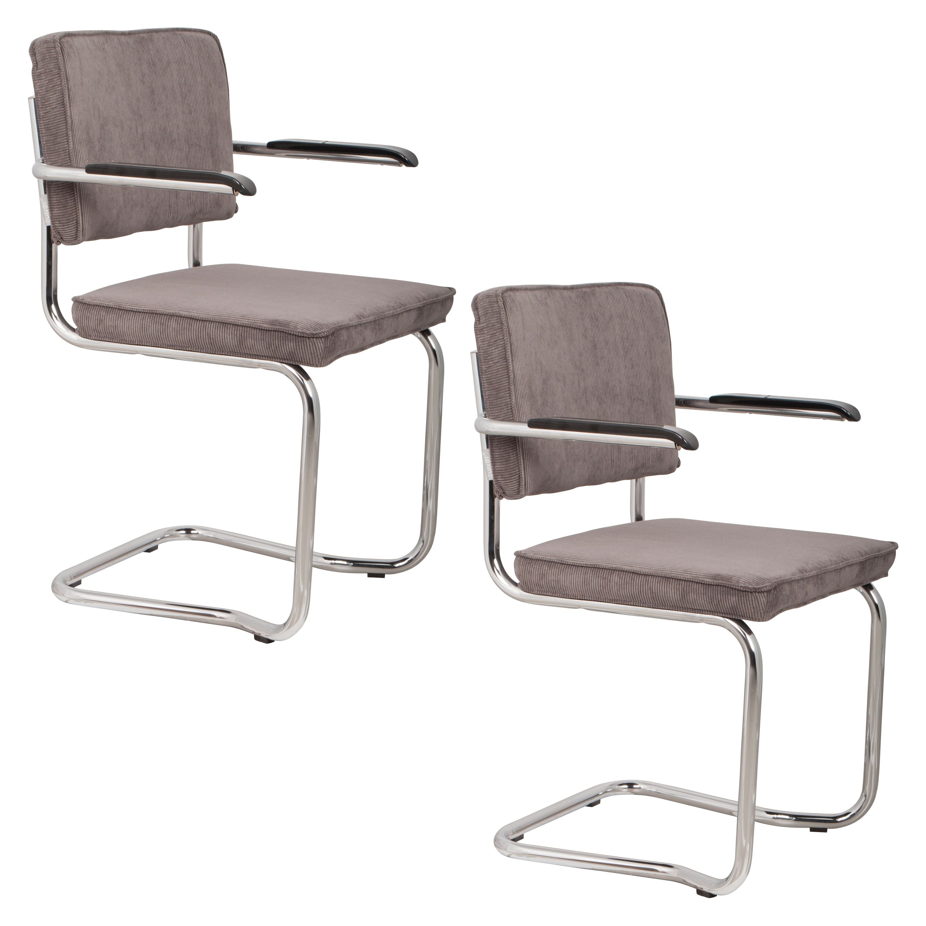 Zuiver Ridge Kink Rib Eetkamerstoelen Armleuning Grijs - Set van 2