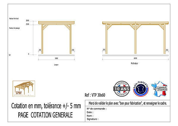 Carport toit plat, 300cmx600cm, bois DOUGLAS Français(Charpente en bois-auvent-abri voiture) 18 m². Garantie 10 ans