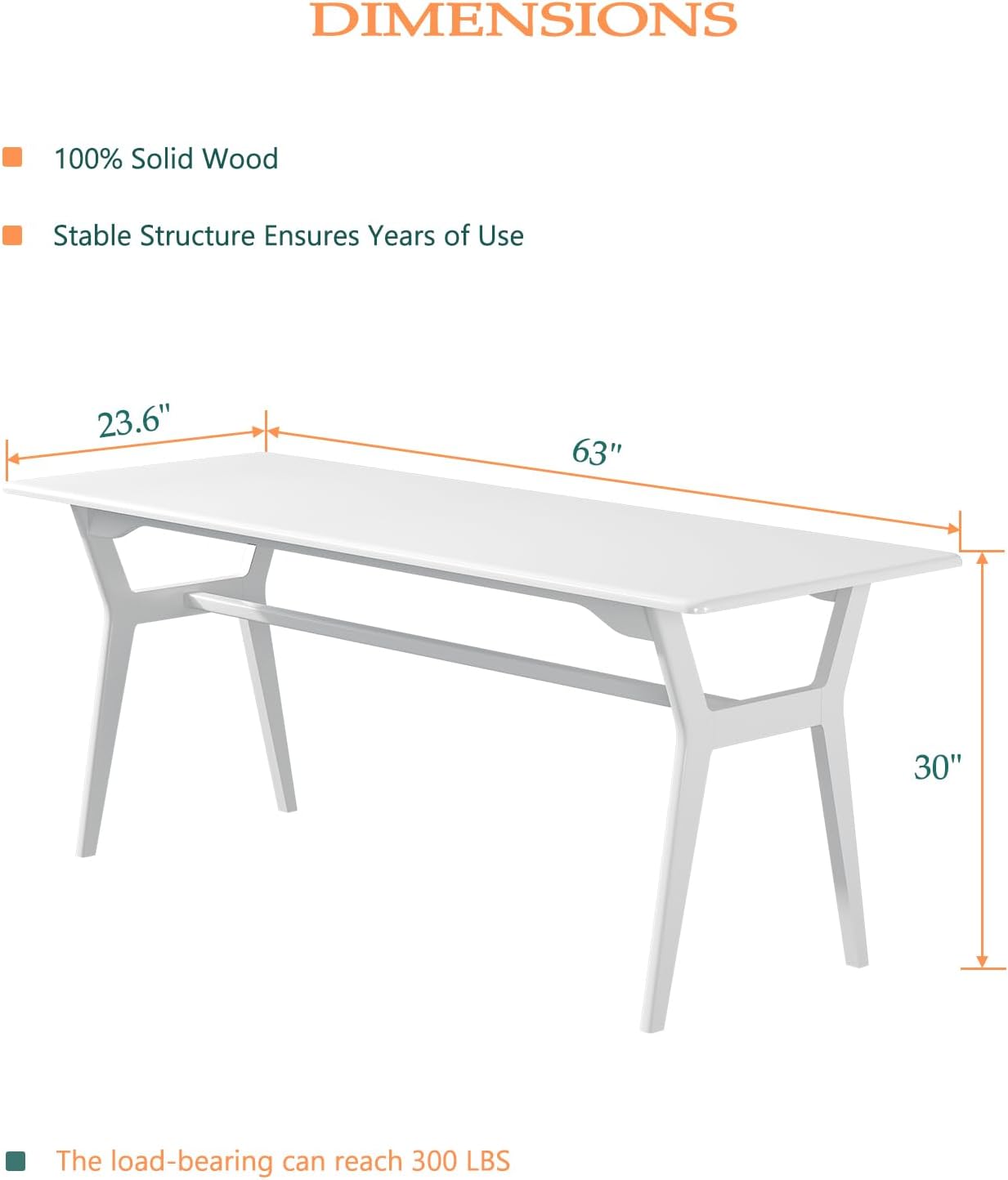 Solid Wood Study Desk - 63 Double Long Computer Table for Home Office, 2-Person PC Workstation, White