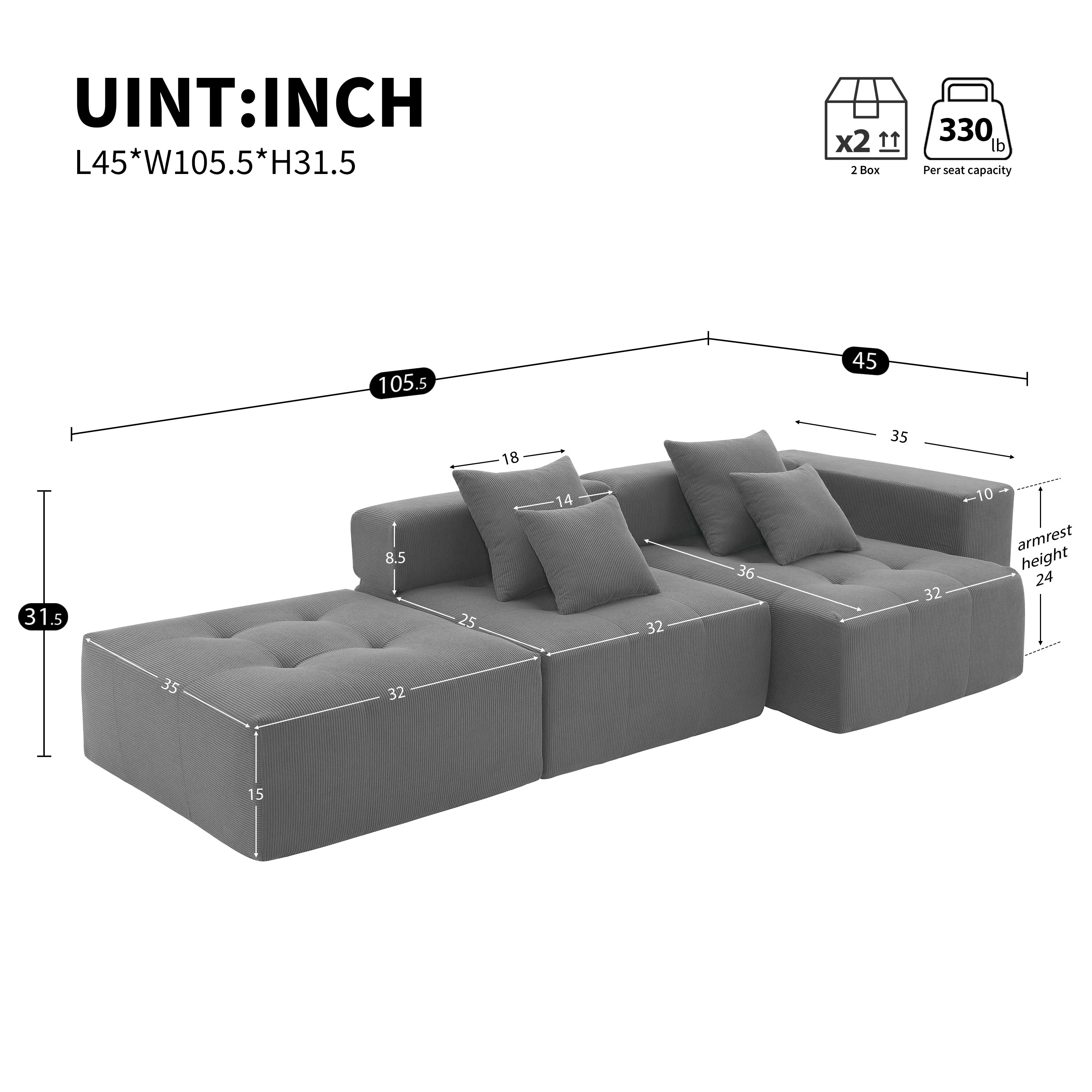Grey 105.5'' Modular L-Shaped 3-Seater Sectional Sofa in Corduroy Upholstery with Tufted Design and 4 Pillows