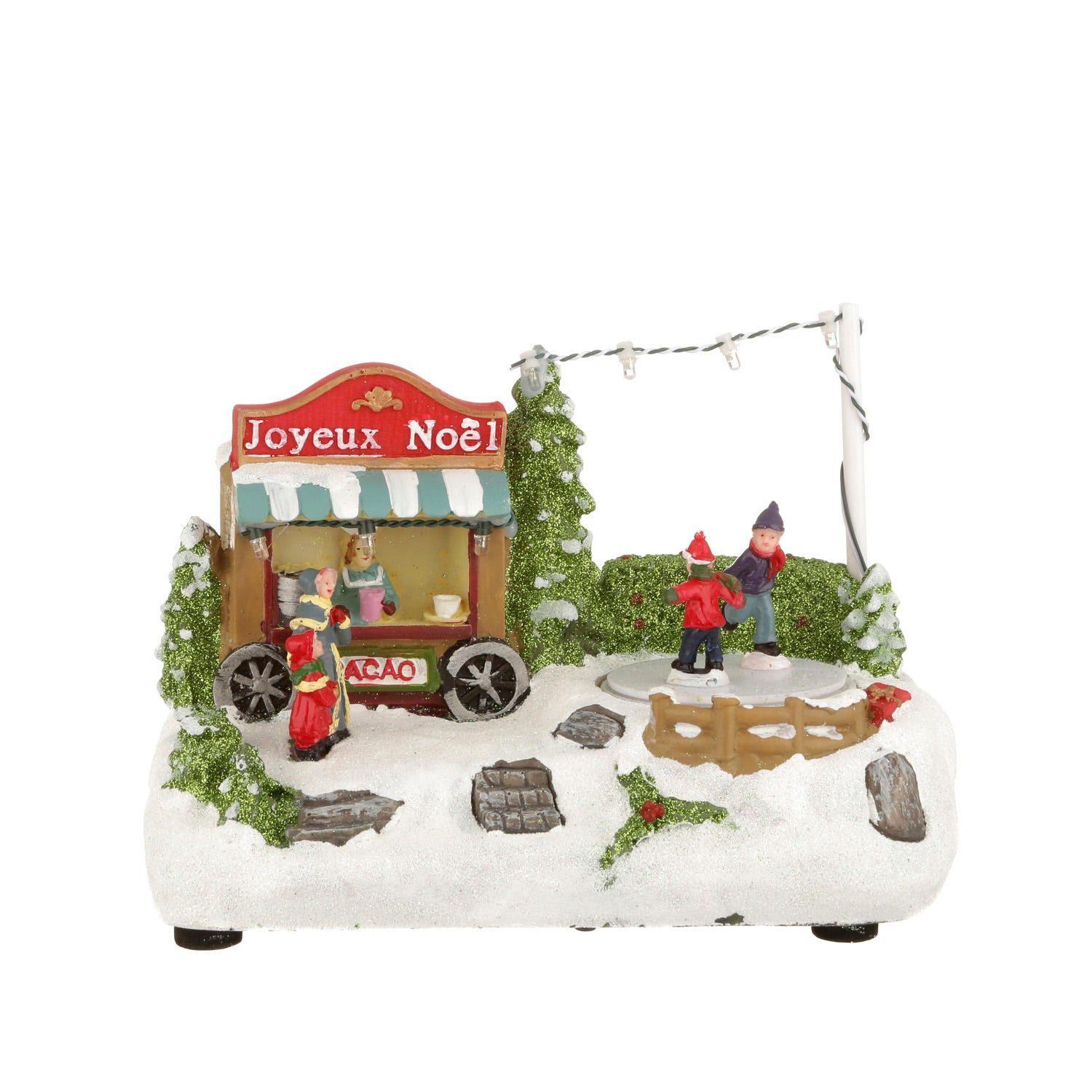 Carretto cioccolata, villaggio di Natale con luci