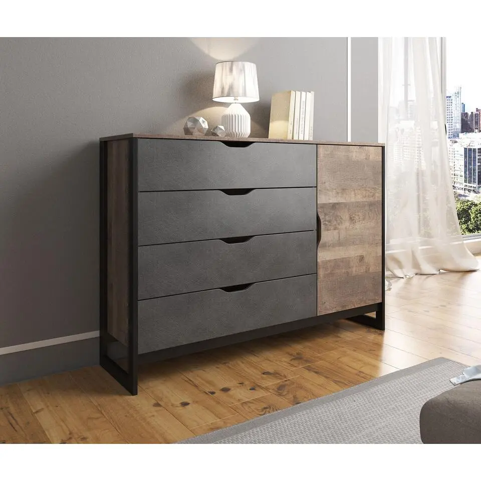 Meubella - Dressoir Acasia - Grijs - Eiken - 138 cm