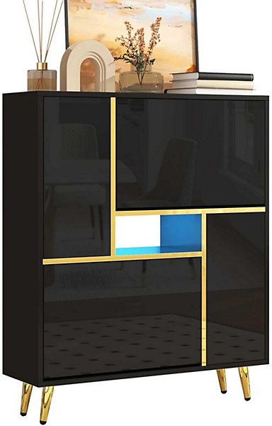 Meuble à chaussures moderne, meuble à chaussures noir avec façade brillante et éclairage LED 16 couleurs (80 x 25 x 96 cm)