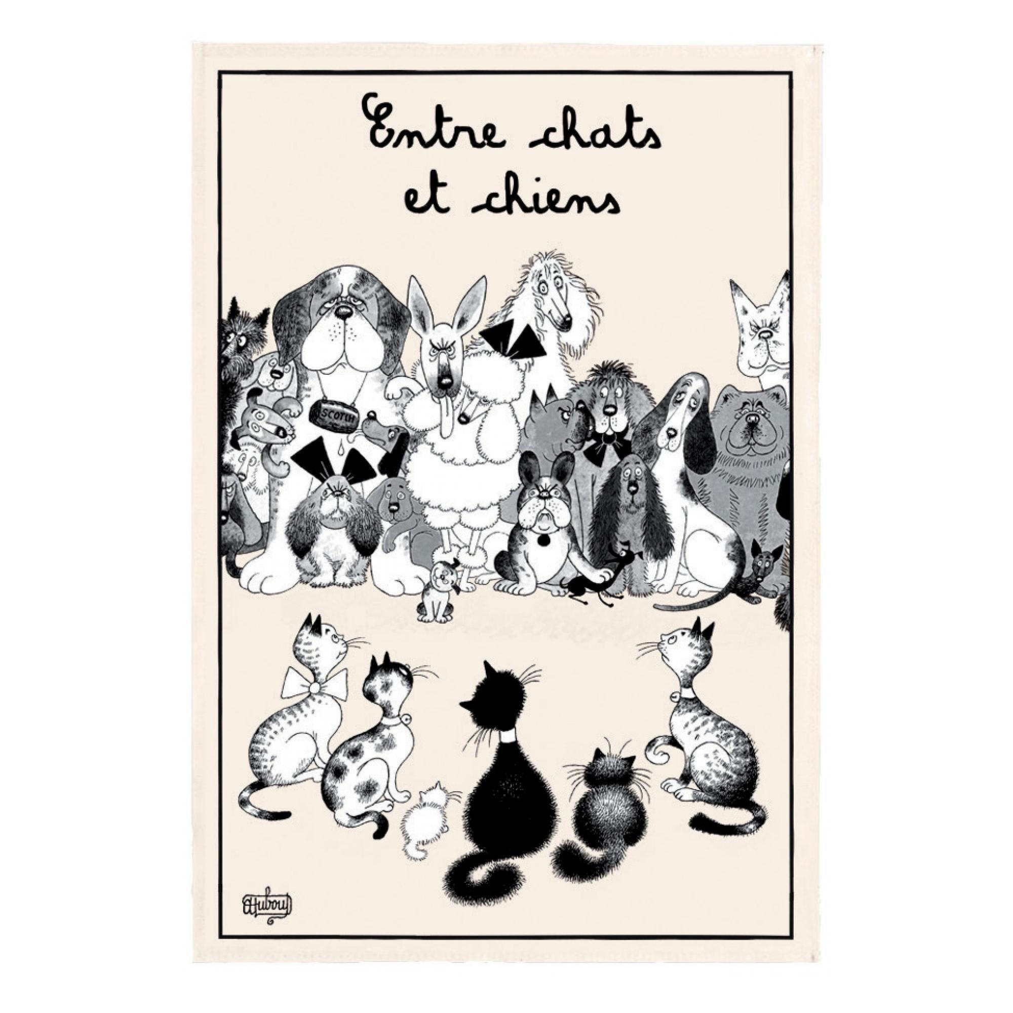 DUBOUT - Torchon  entre chats et chiens en coton ecru 48 x 72