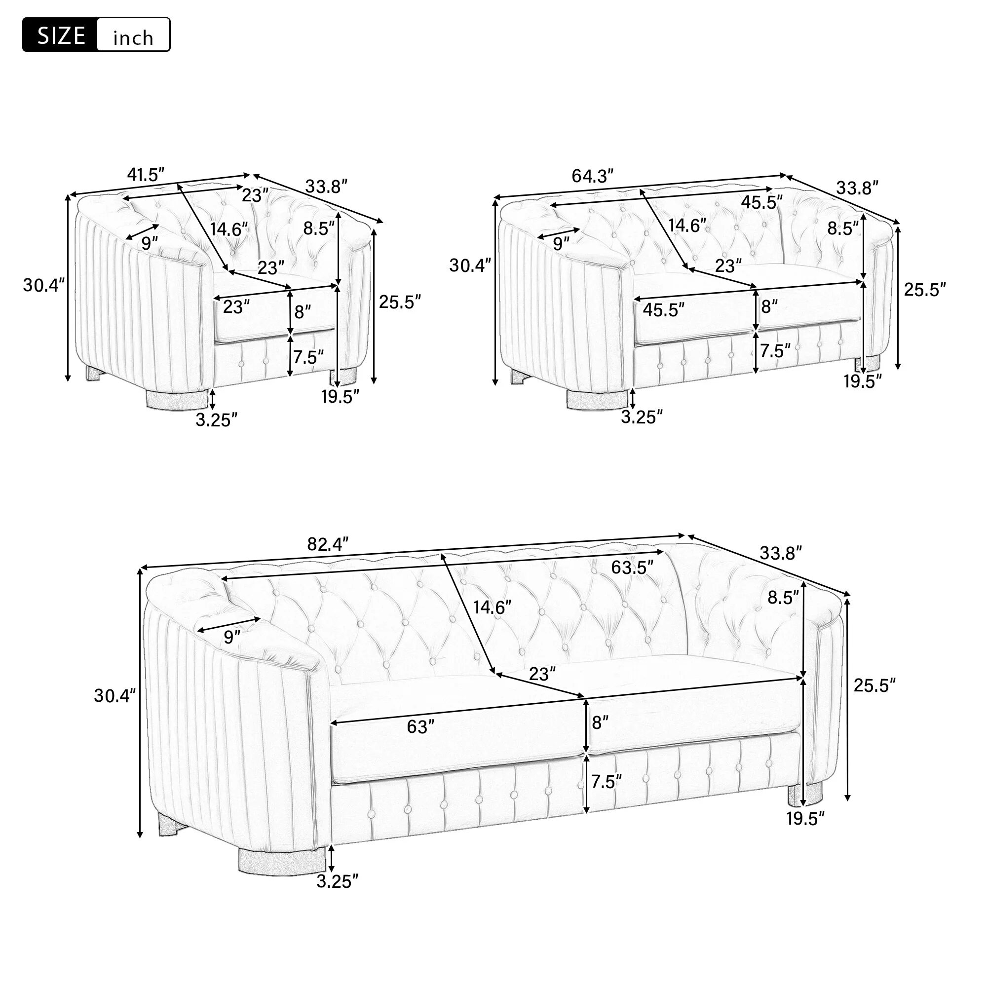3-Piece Sofa Sets with Rubber Wood Legs,Velvet Upholstered Couches Sets Including Three Seat Sofa,Loveseat and Single Chair