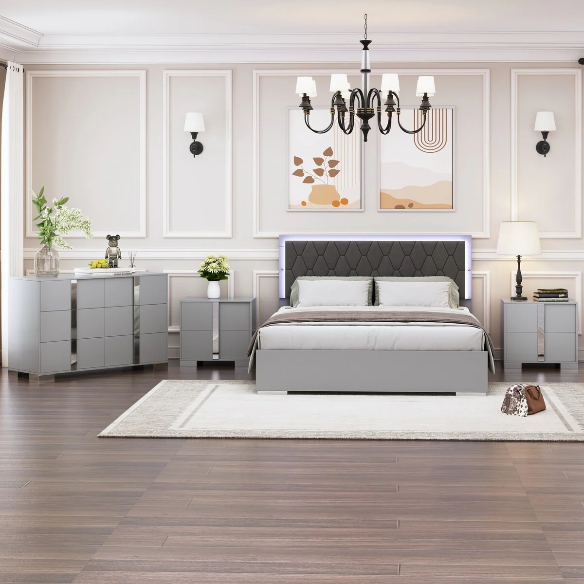4-Pieces Bedroom Sets Queen Size Upholstered Bed with LED Lights, Mirrored Nightstands and Dresser with Metal Handles and Legs