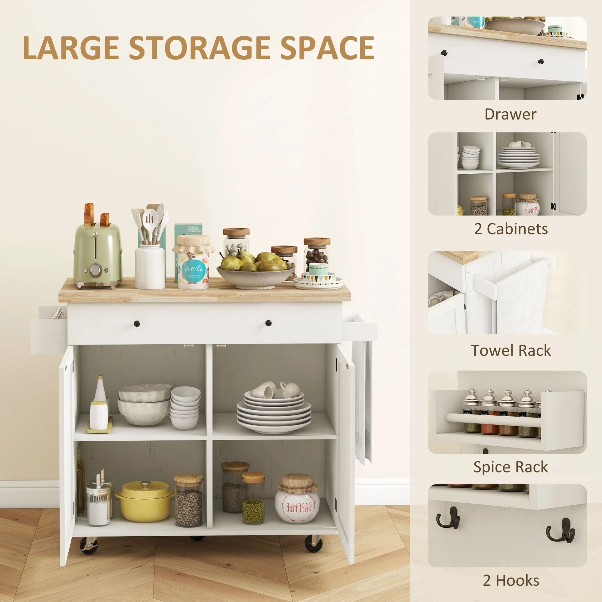 Rolling Kitchen Island Cart on Wheels with Drawer, 2 Cabinets, Rubberwood Top, Spice Rack, Towel Racks and 2 Hooks
