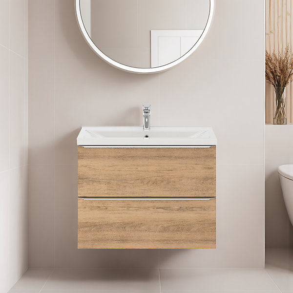 Meuble vasque suspendu faible profondeur effet chêne l.80 cm Imandra   plan vasque blanc céramique Nira, GoodHome