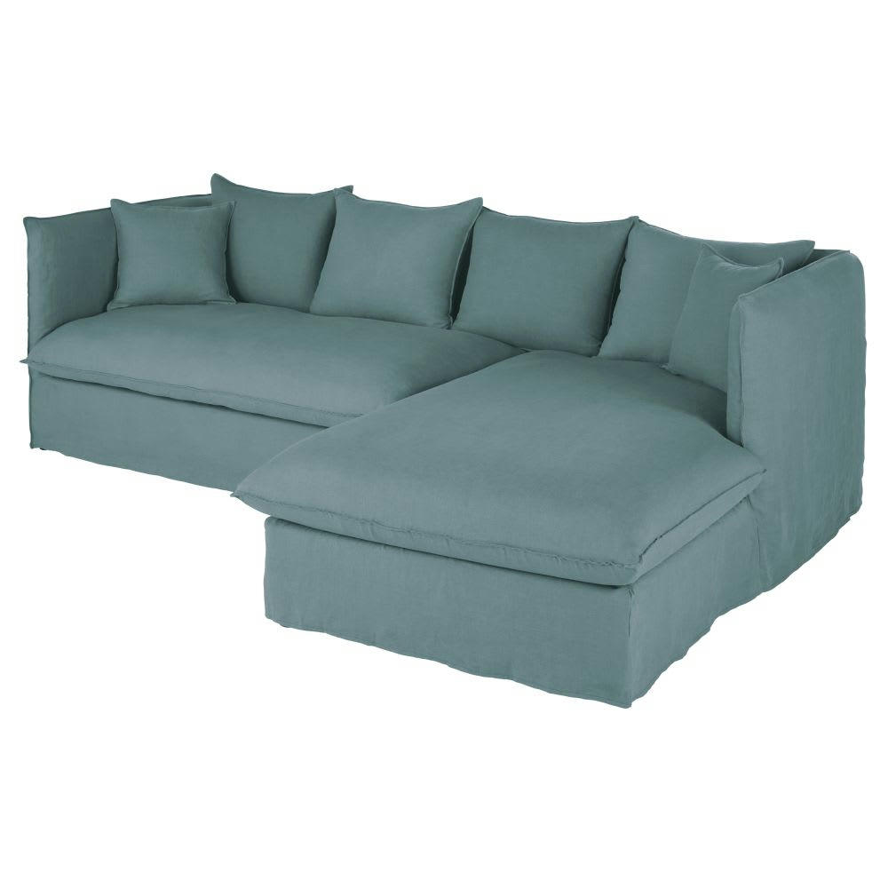 Louvain - Canapé d'angle droit 3/4 places en lin froissé bleu céladon