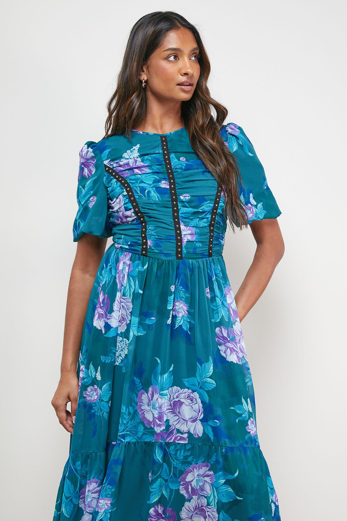 Oasis Printed Ruched Bodice Trim Detail High Low Hem Midi Dress