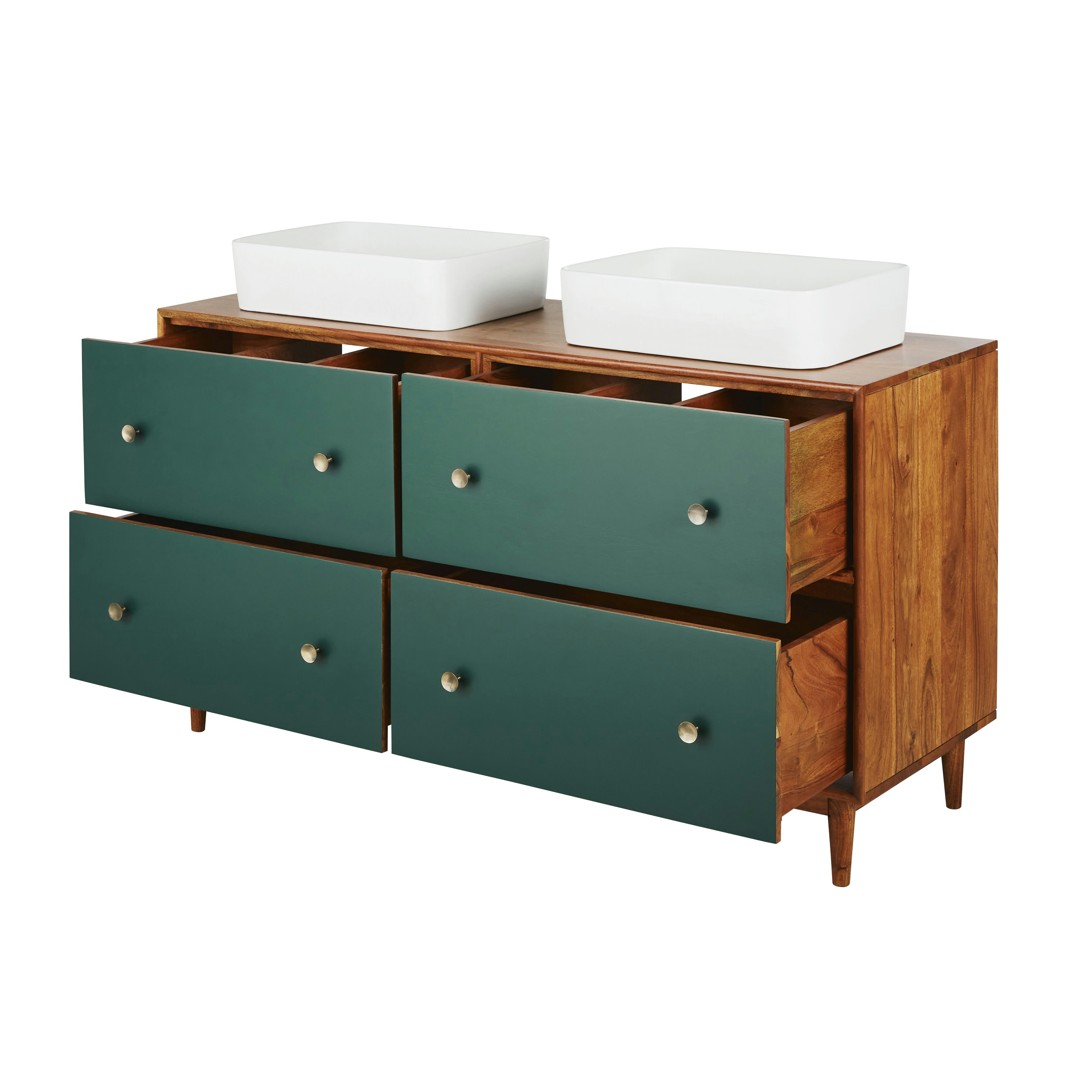 Ikat - Meuble double vasque de salle de bains 4 tiroirs brun clair et vert