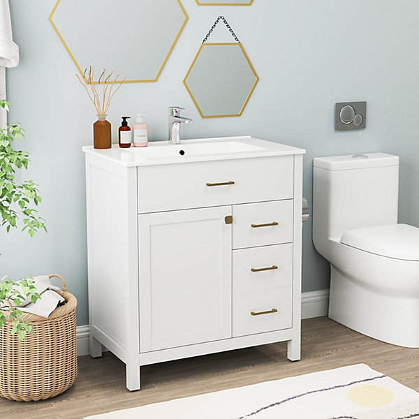 Meuble Salle de Bain sous Lavabo avec Bassin en Céramique,2 Tiroirs Coulissants,Porte Rabattable, Poignées,76X46,5X86,5cm, Blanc
