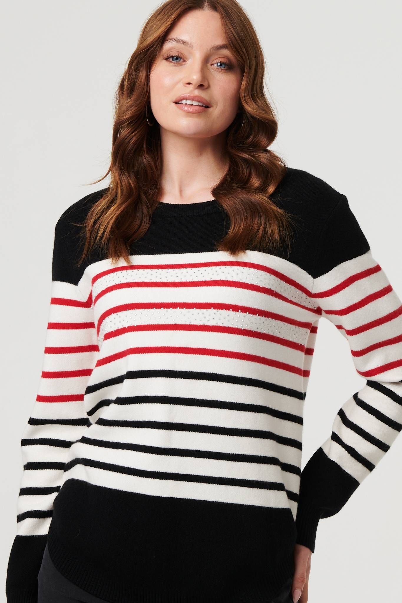 Izabel London Diamante Trim Striped Jumper