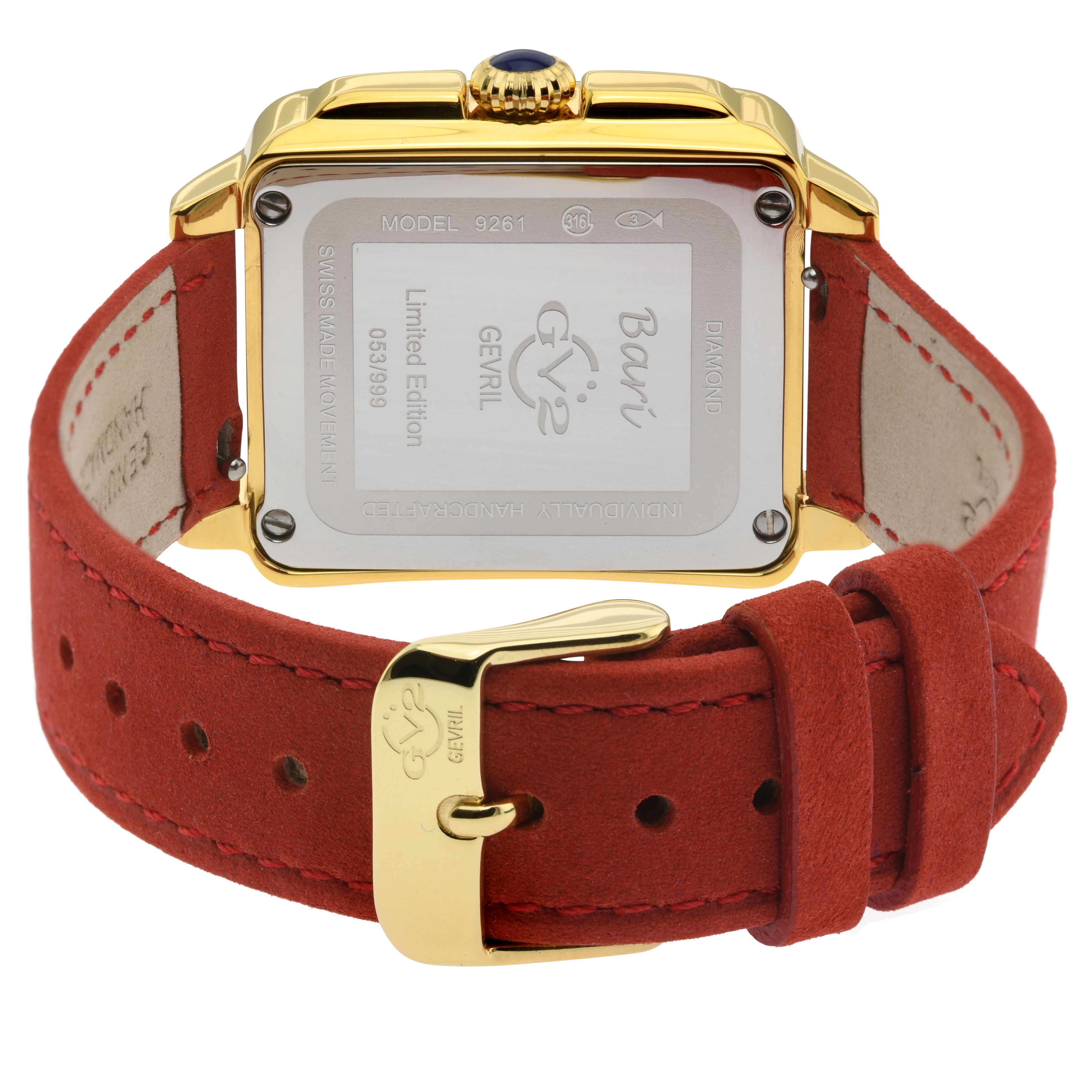 GV2 Bari Red Enamel Swiss Quartz Diamond White MOP Dial Genuine Red Leather 34 MM Watch