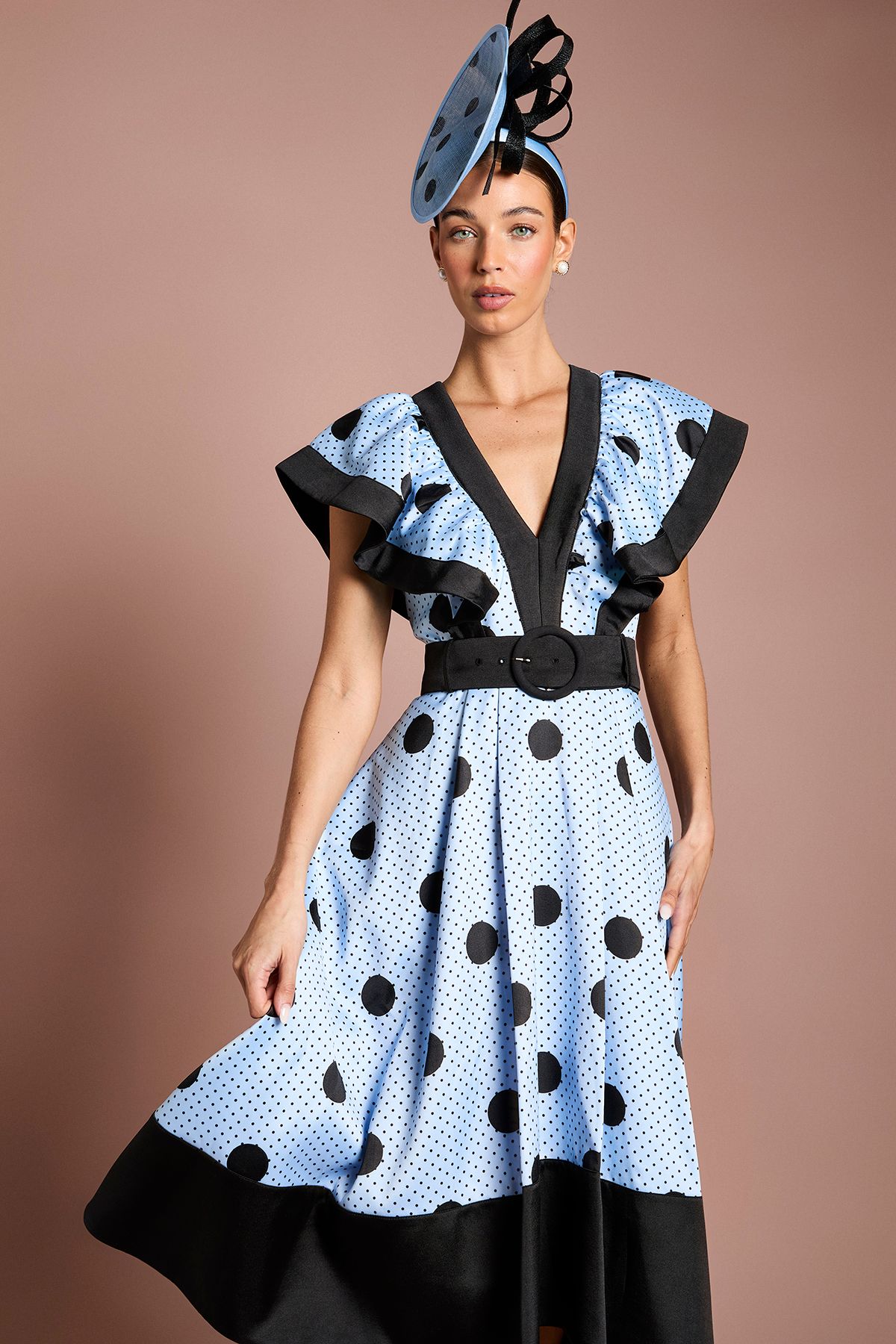 Coast Lisa Tan Spot Print Contrast Detail High Low Hem Midi Dress